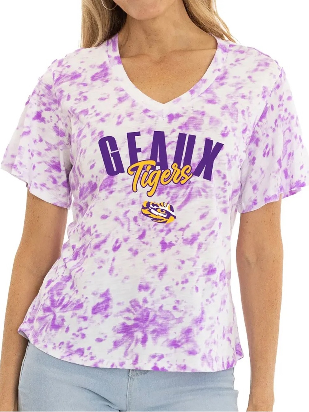 Women’s XL LSU Tigers Tie-Dye V-Neck Tee - Purple & White